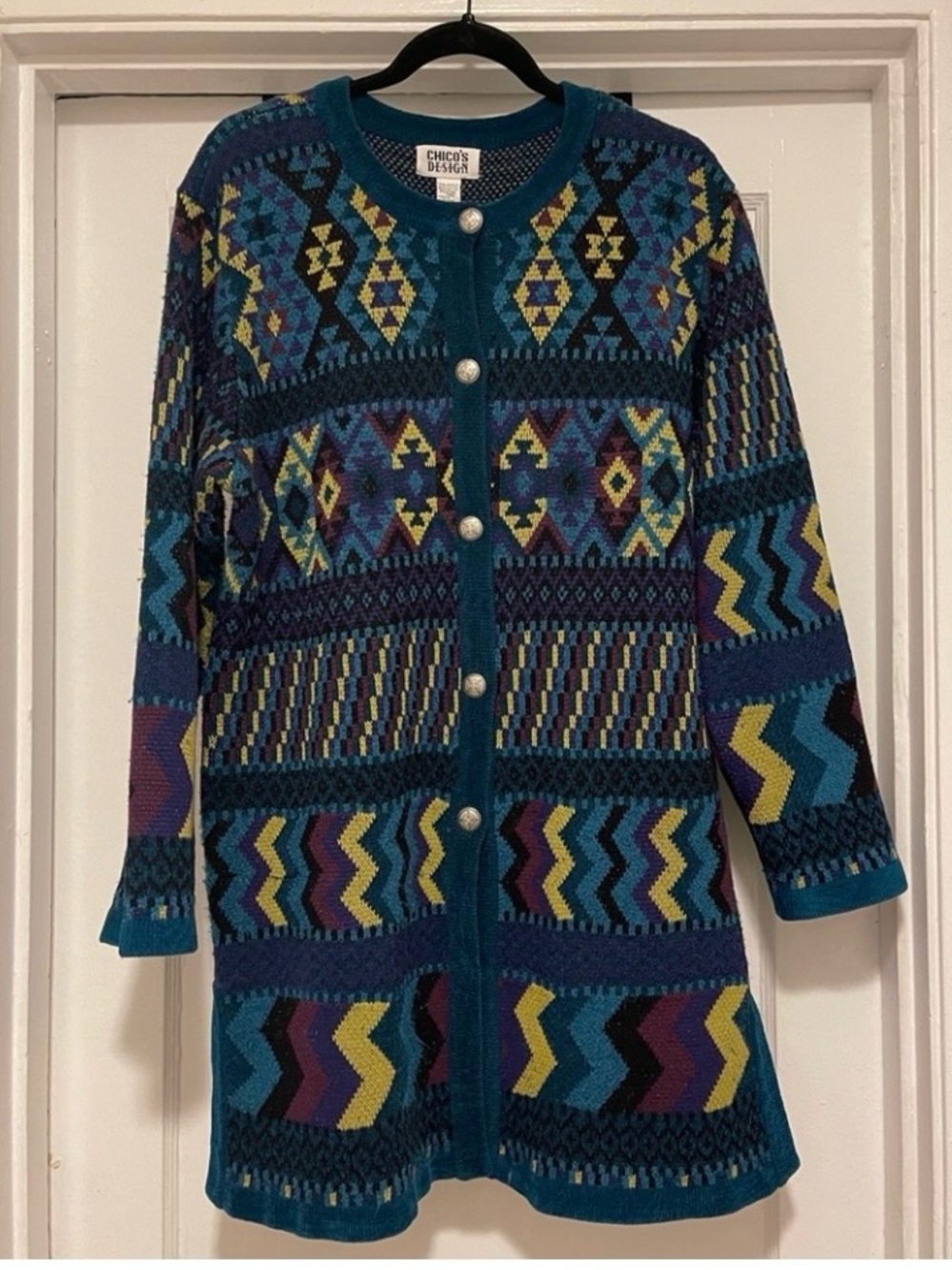 Teal Multi-Pattern Button Cardigan Sweater